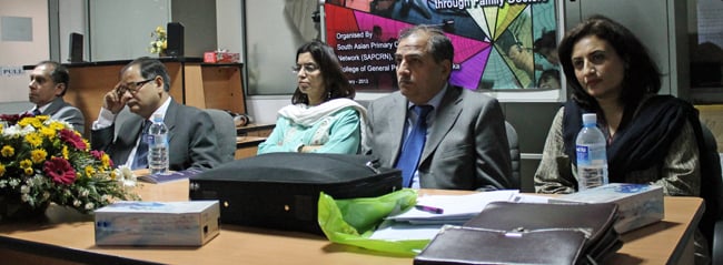 (l to r) Dr Eugene Corea, President College of General Practitioner Srilanka; Prof Waris Qidwai, Chair WONCA working party on research; Dr Seema Bhanji, Chair PPCRN; Dr Noor Ahmad Akhtar; Dr Sajida Naseem