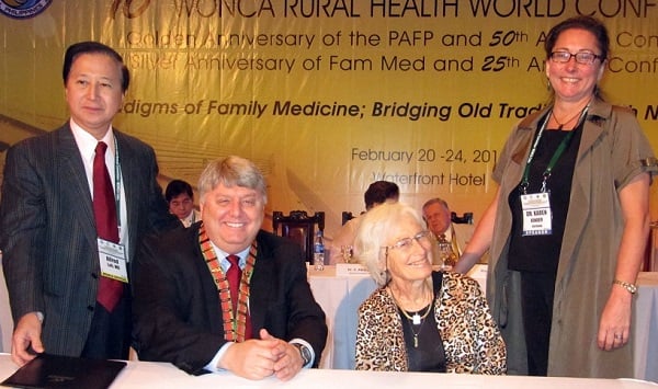 The legends of primary care are often speakers at WONCA conferences. Here we see Alfred Loh, Rich Roberts as WONCA President, and Karen Kinder with Barbara Starfield (sitting) a keynote speaker, at the WONCA World Rural Health Conference, in Cebu in 2011