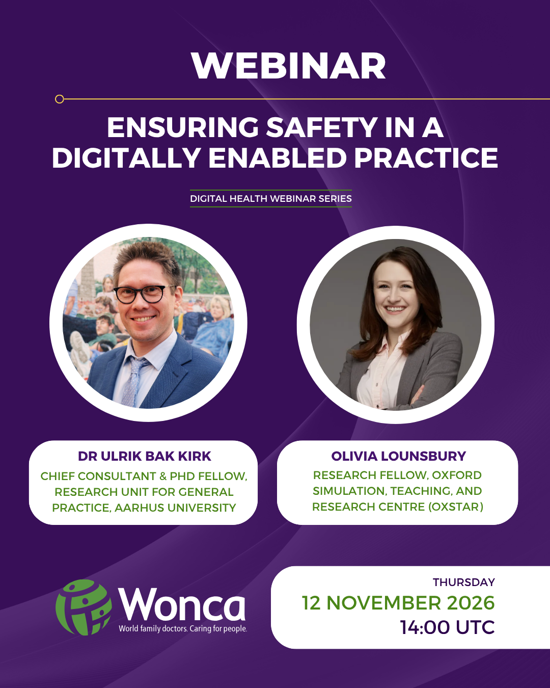 Webinar flyer: Ensuring Safety in a Digitally Enabled Practice, Digital Health Webinar Series, Thursday 12 November 2026, 14:00 UTC